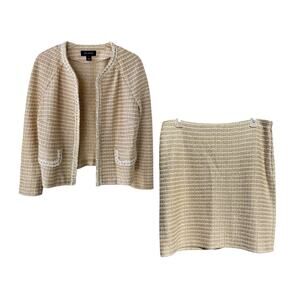 St John Tan Cream Gold Metallic Threads Designer Size 10 Jacket and Skirt Suit